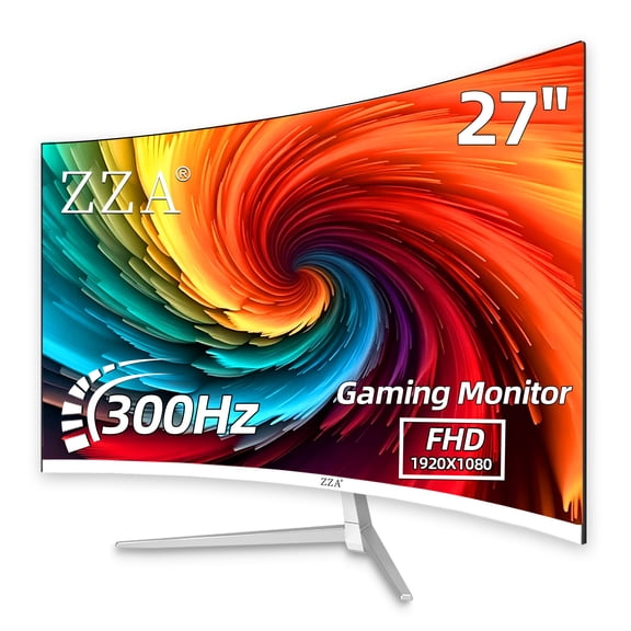 ZZA 27" White Curved Gaming Monitor, 300Hz FHD 1080P, AMD FreeSync, 1ms, Low Motion Blur, Eye Care, HDMI & DisplayPort, VESA Wall Mountable, for PC Desktop Laptop PS5 Home Office, White