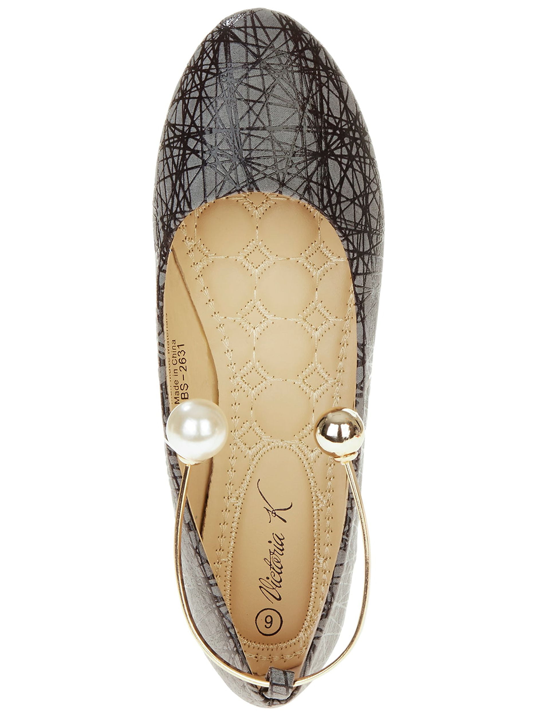 Victoria K Women's Retro Print With Pearl And Gold Ornament Ankle Bracelet Ballet Flats
