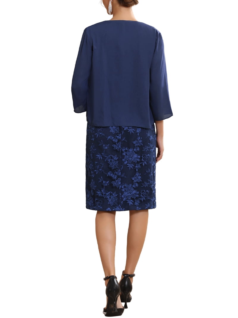 Inspire Chic Women's Mother of Bride Dresses with Chiffon Shrug Gown Evening Sleeveless Embroidery Floral Dress Suit Sets XL Dark Blue