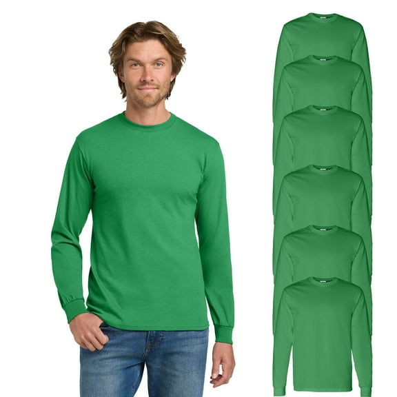Gildan Heavy Cotton Men Long Sleeve T-Shirt, Classic Fit Crewneck Bulk Tee, Irish Green, 6 Pack, L