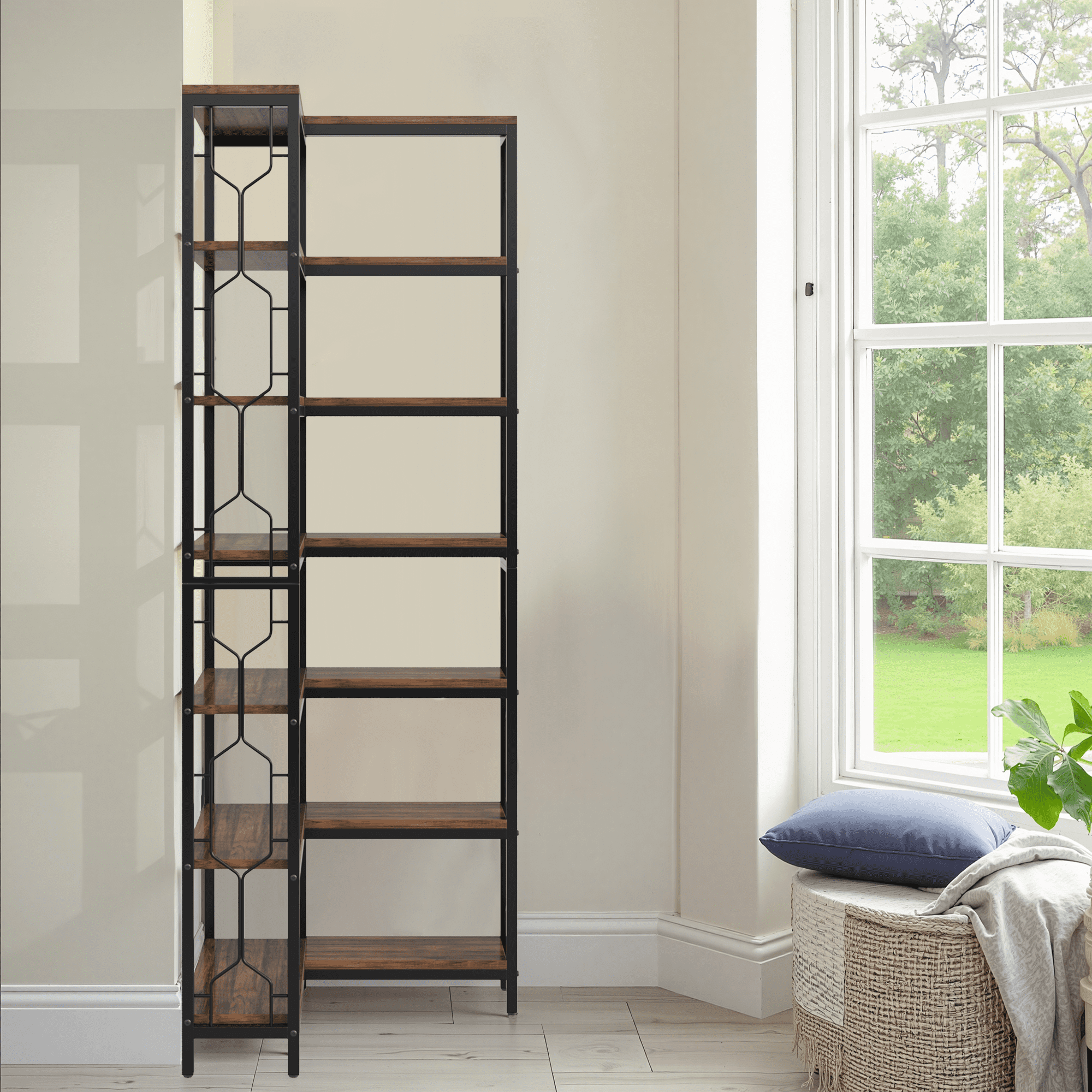 MAYEERTY Hexagonal 7-Tier Corner Bookcase, Space-Saving Industrial Display Rack with Side Railings for Living Room & Office