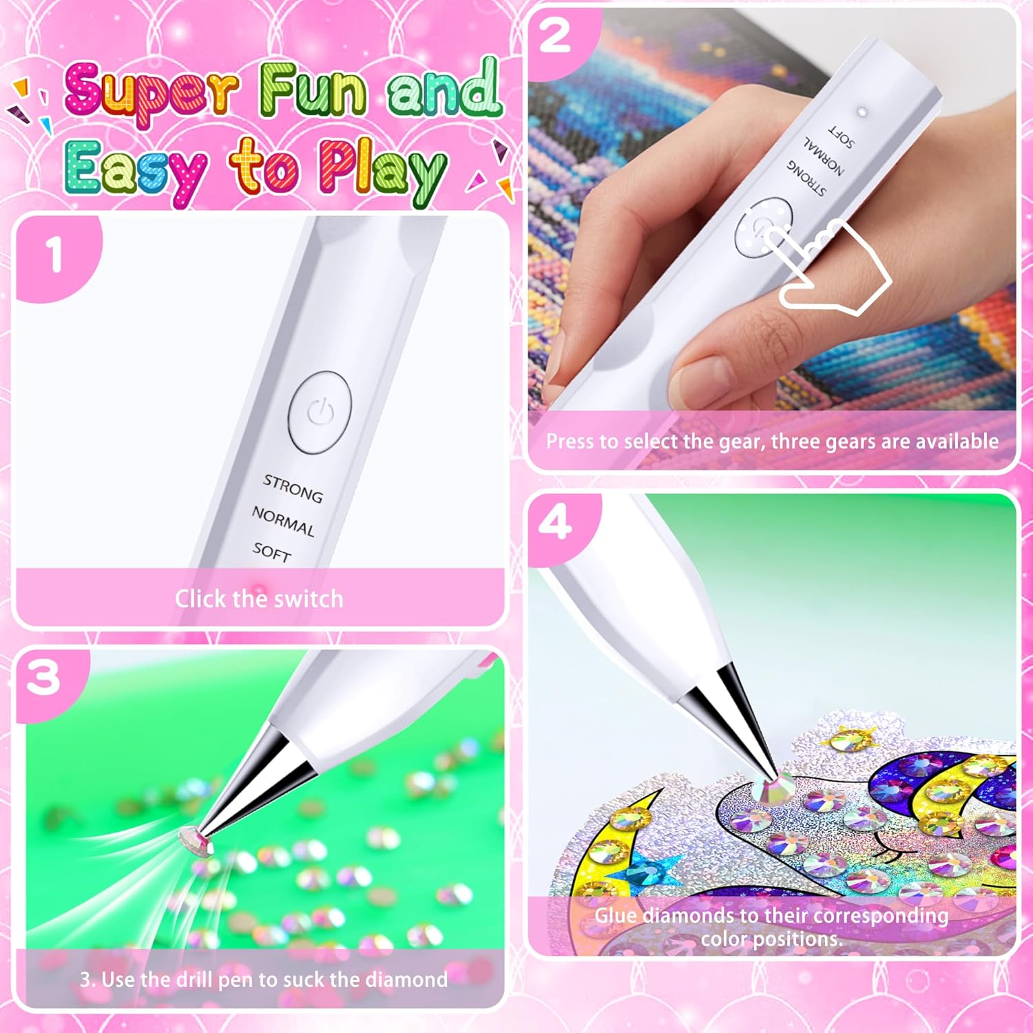 Diamond Art Painting Pen with Vacuum Pump, No Wax Needed, Lightweight Design, 3 Adjustable Suction Mode & Rechargeable, DIY Diamond Art Accessories and Tools(White)