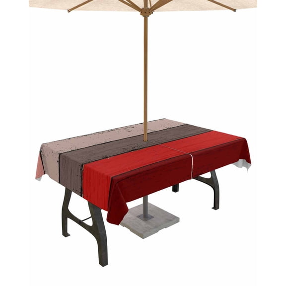 Hokiten Outdoor Tablecloths with Umbrella Hole & Zipper, Red Grey Rectangle Tablecloth 60x120 Inch, Vintage Stripe Farmhouse Wood Grain Ombre Waterproof Table Cloth, Patio/Pool/Picnic Table Covers