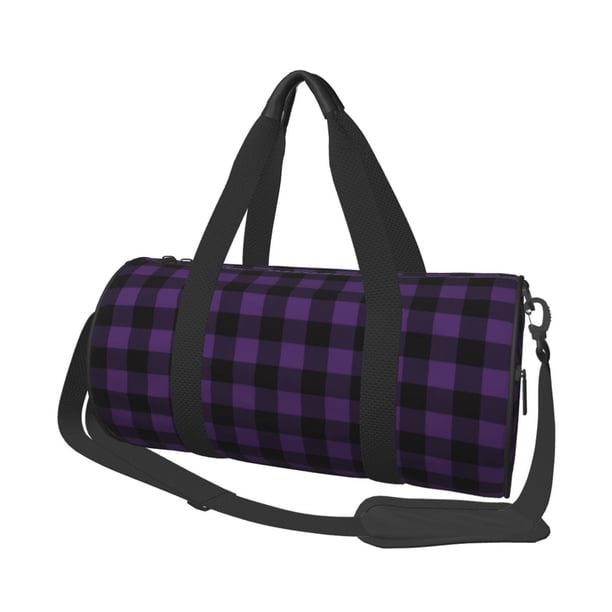 Fotbe Purple Black Plaid Bolsa Deportiva de Lona Plegable con Estampado, Bolsa de Gimnasio con Bolsillo Seco/Húmedo, Bolsa de Viaje Ultraligera de Gran Capacidad
