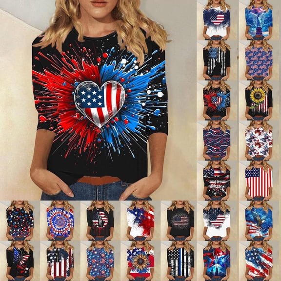 Elvqul Womens American Flag T-Shirts Plus Size Independence Tops Patriotic Pullover 3/4 Sleeve Crew Neck Shirts for Juniors Star