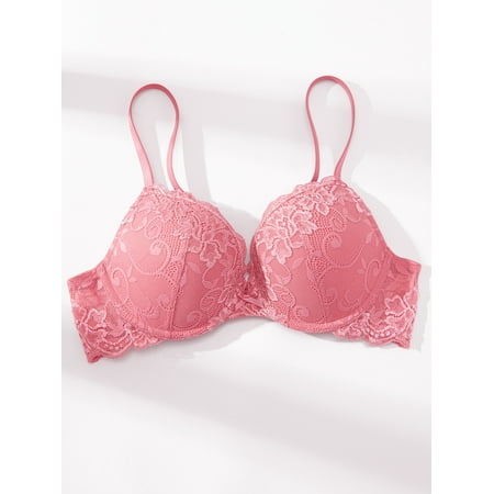 Deyllo Women s Lace Push Up Padded Plunge Add Cups Underwire Lift Up Bra  Peach Pink 32DD