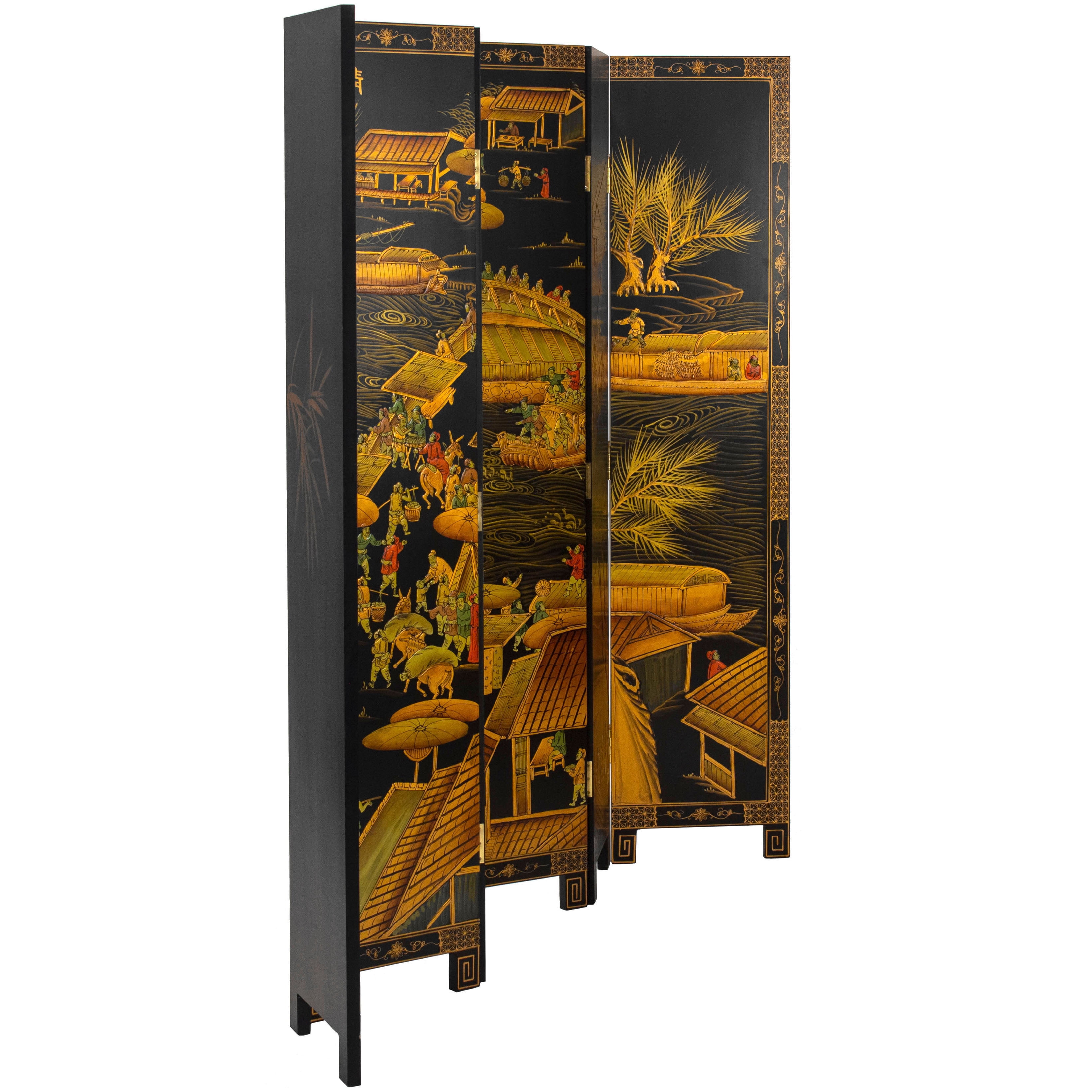 Red Lantern 6 ft. Hand-Painted Folding Room Divider, Black Lacquer, Free Standing