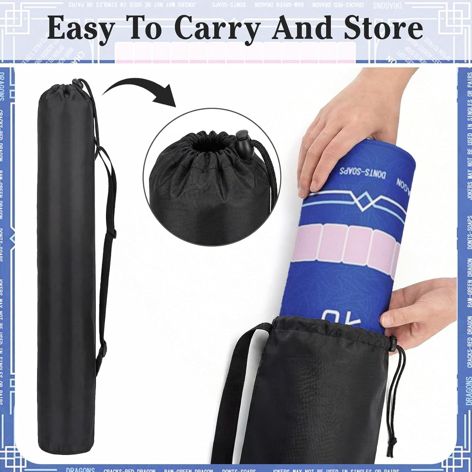 Mahjong Mat with Black Carrying Bag Blue Non-Slip Noise Reduction Gaming Mat 31.5" x 31.5" Rubber Multi Purpose Game Table Cover for Mahjong Card Dominoes Board Tile Games