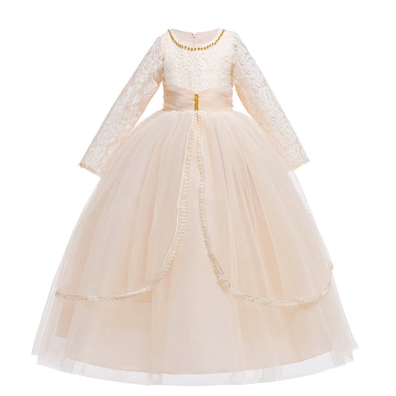 Zwiiyzr 2025 7-14Y Girls Tulle Dress Bridesmaid Sparkle Wedding Pageant Dresses Solid Color Long Sleeve Mesh Bow Puff Tiered Princess Dress Yellow