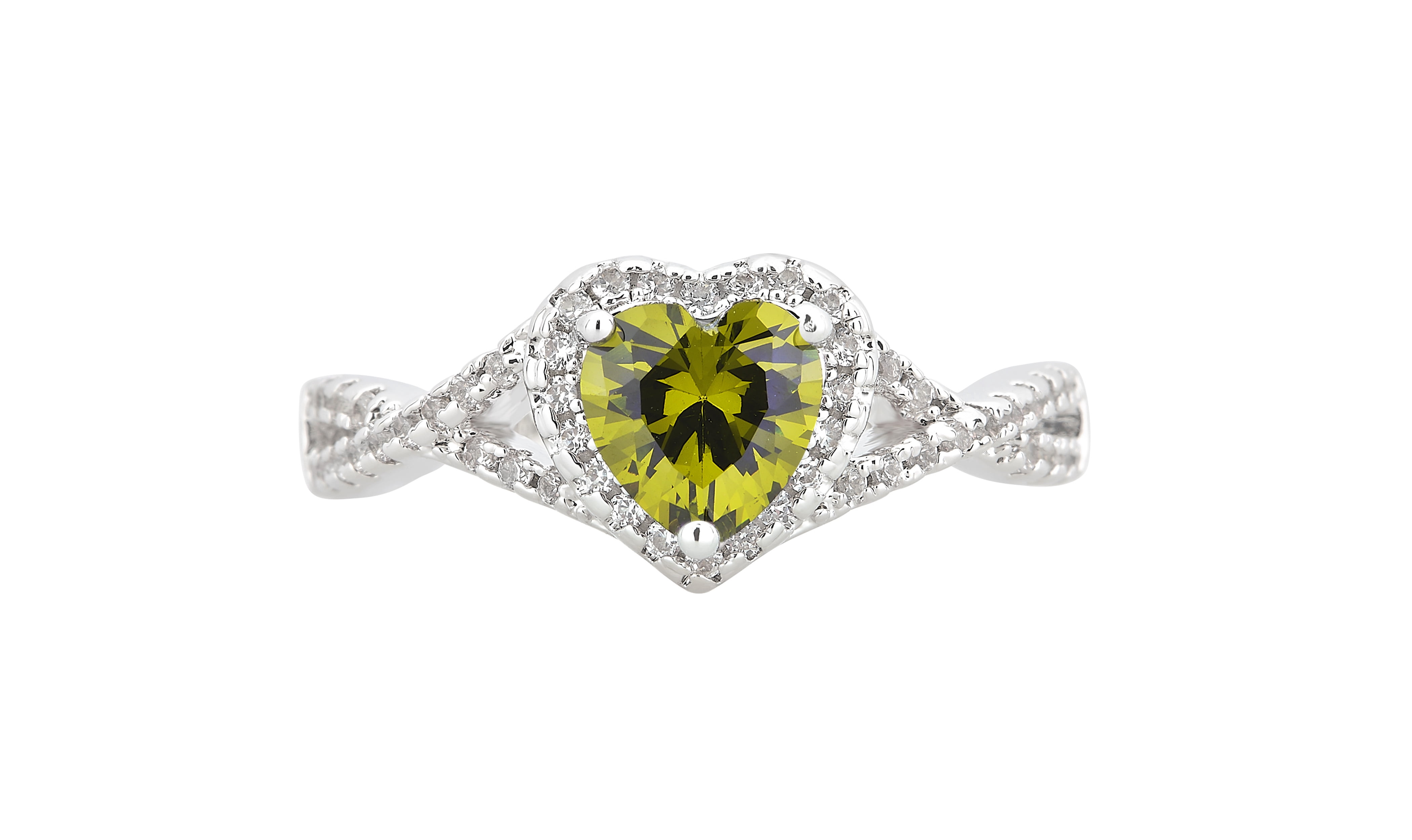Created Peridot and White Sapphire Silver Overlay Fashion Engagement Ring