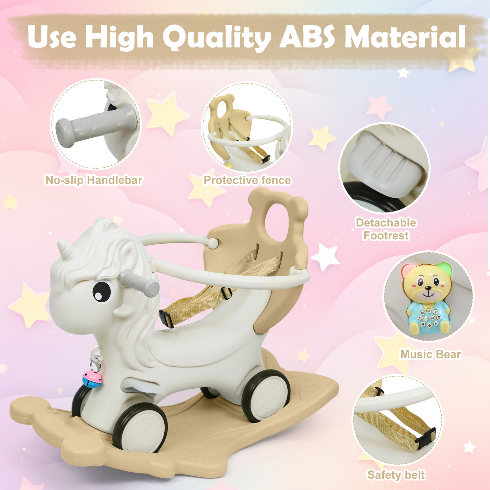 Wdmiya 4 in 1 Rocking Horse for Toddlers 1-3 Years Old, Baby Unicorn Rocking Toy Birthday Gift for Boy and Girl, Ride on Toy with Detachable Balance Board，Balance Bike with Push Handle, Khaki