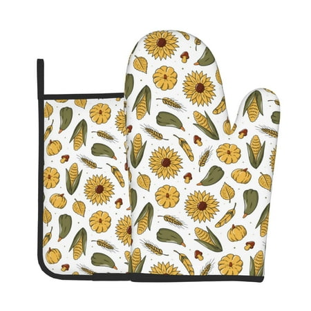 

Tebeau Cartoon Corn Pumpkin Sunflower Print Oven Mitts and Pan Racks 2-Piece Set Kitchen Oven Mitts and Pan Racks Heat Resistant 500 °F for Baking and Cooking