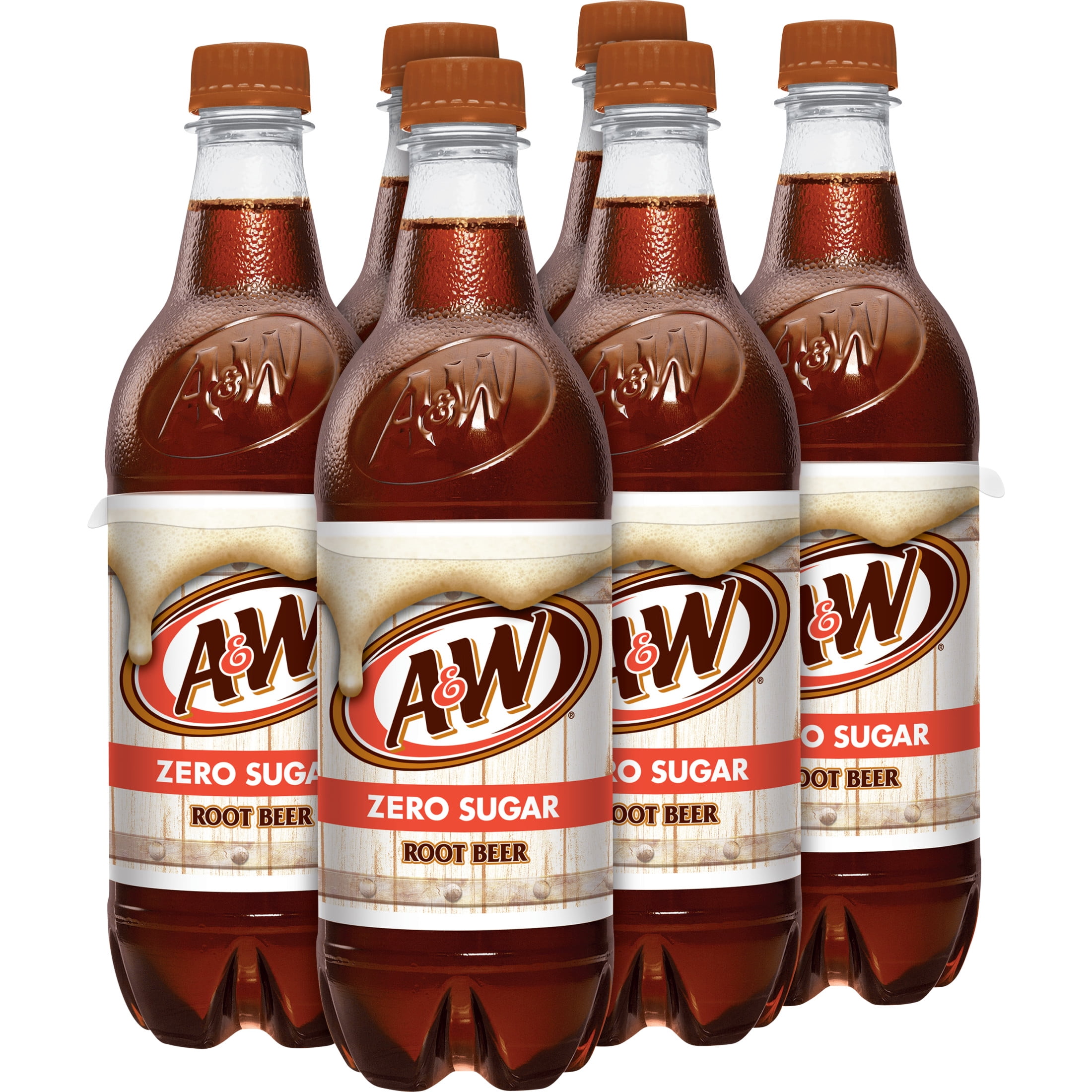 A&W Zero Sugar Root Beer Soda Pop, 16.9 fl oz, 6 Pack Bottles