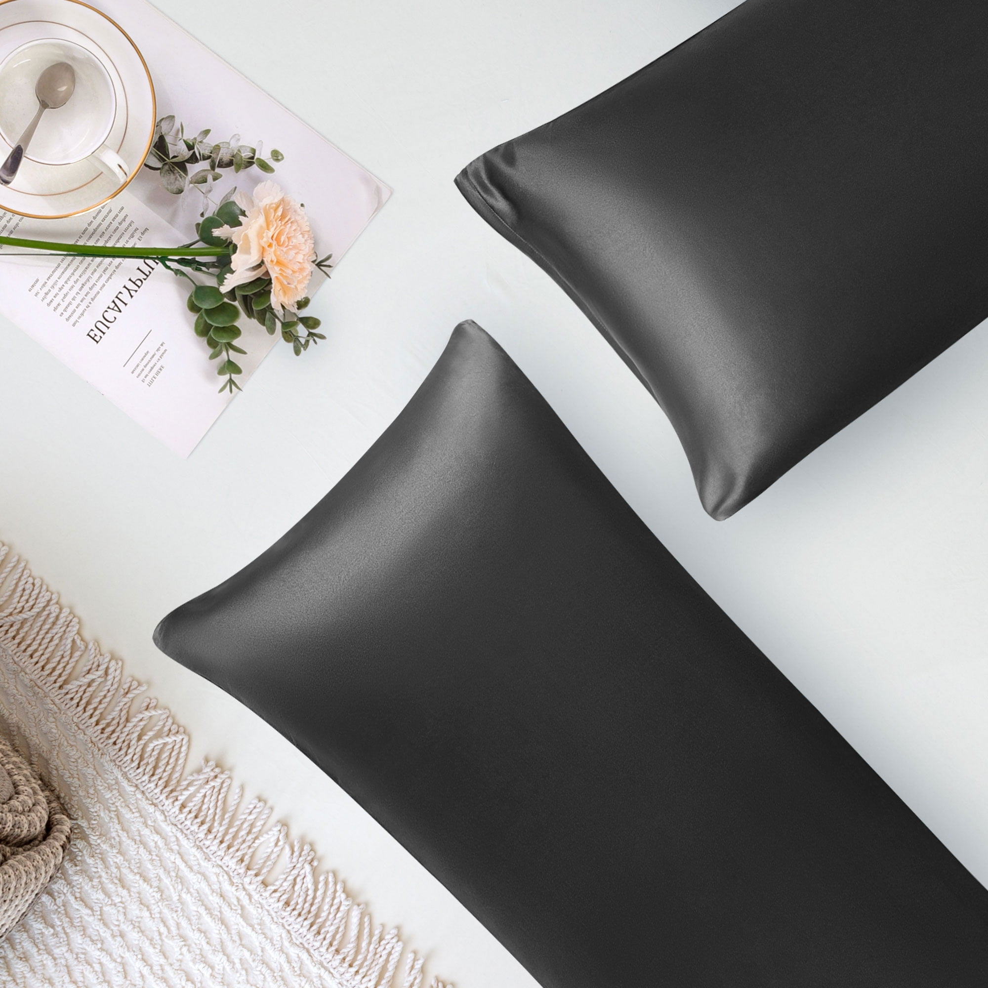 Unique Bargains Satin Body Pillowcases 2 Pcs Zipper Closure Black 20"x48"