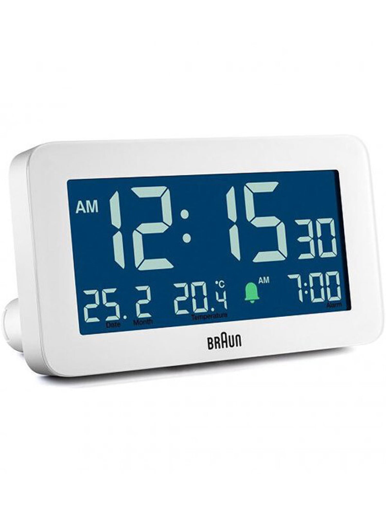 Braun Digital Alarm Clock with Date, Month and Temperature Displayed, Negative LCD Display, Quick Set, Crescendo Beep Alarm in White, model BC10W.