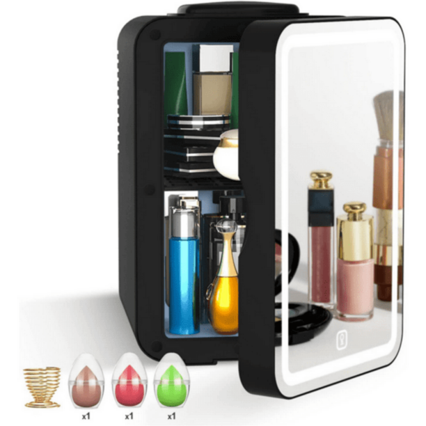 Portable Mini Fridge 6L Skincare Cosmetic Fridge LED Mirror Refrigerator for Home, Travel, Black