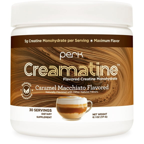 Perk Creamatine (Caramel Macchiato) 30 Servings - Flavored Creatine Monohydrate, 5g of Creatine per Serving, Naturally Sweetened, Zero Sugar, Gluten-Free, Soy-Free