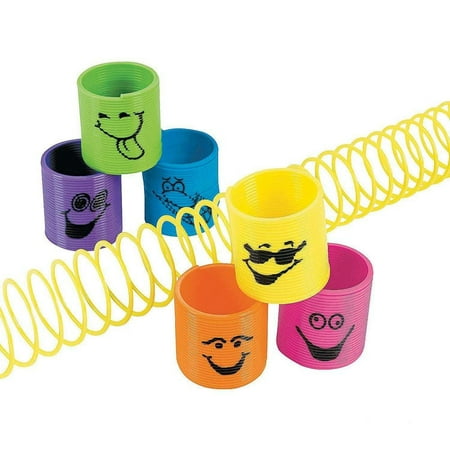 Plastic Mini Goofy Smile Face Slinkys 1 3/8 Inches - Pack Of 12 - Assorted Colored Cool Funny Faces Magic Coil Springs – For Kids Great Party Favors, Bag Stuffers, Fun, Toy, Gift, Prize - By Kidsco