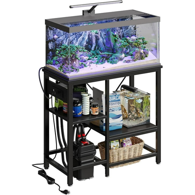 Bestier Support d'Aquarium de 20-29-37 Gallons avec Prises de Courant, Étagère de Rangement Réversible en Métal Robuste à 3 Niveaux pour Aquarium, Brun Rustique