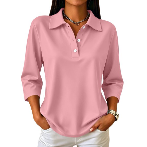 Women's 3/4 Sleeve Polo Shirts,Collared V Neck Button Down Casual Work Tops,Solid Color Loose Fit Dressy Blouses for Ladies