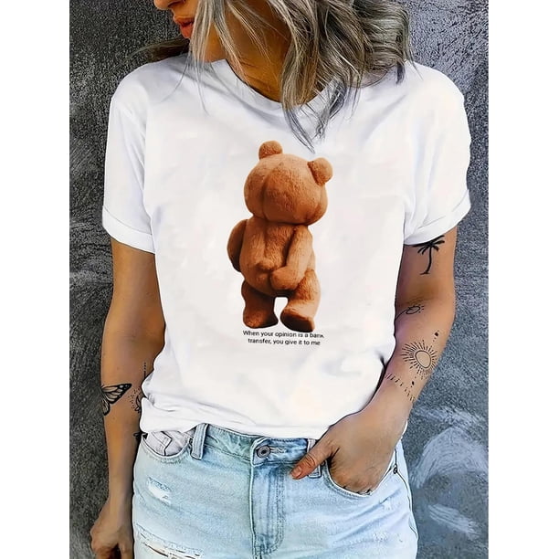 Camiseta informal con estampado de oso para mujer: cuello redondo, manga corta, algodón elástico, lavable a máquina. Perfecta para verano, ropa informal y para el tiempo libre.