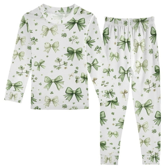 joogoo Green Bows 2 Piece Long Sleeve Tee and Pants Cotton Pajama Set 5Y