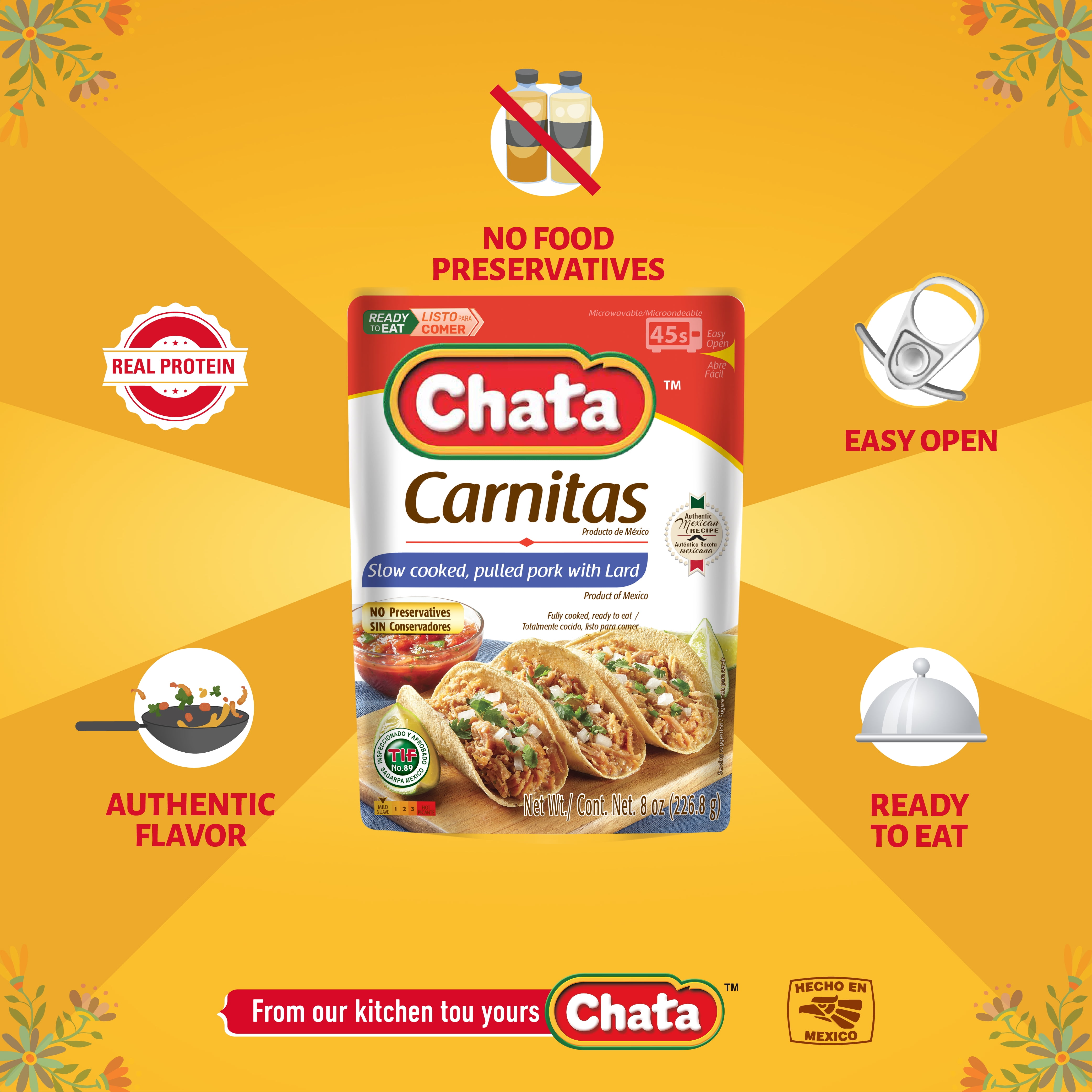 Chata Chopped Pork Carnitas Pouch, 12 Pack, 8 oz