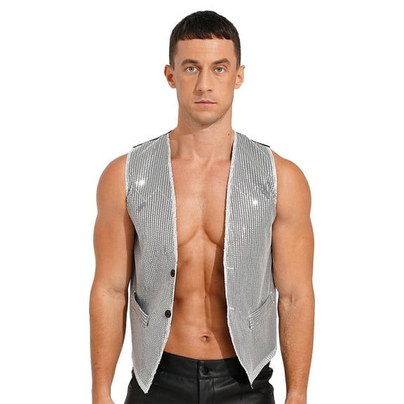 YONGHS Mens Sequins Vest Jacket Formal Business Wedding Slim Fit Tuxedo Waistcoat Silver XL
