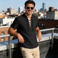 thumbnail image 7 of Men's Linen Shirts Short Sleeve Stand Collar Lace Up T Shirts Casual Lightweight Breathable Relaxed Fit Summer Tees, M, 7 of 7