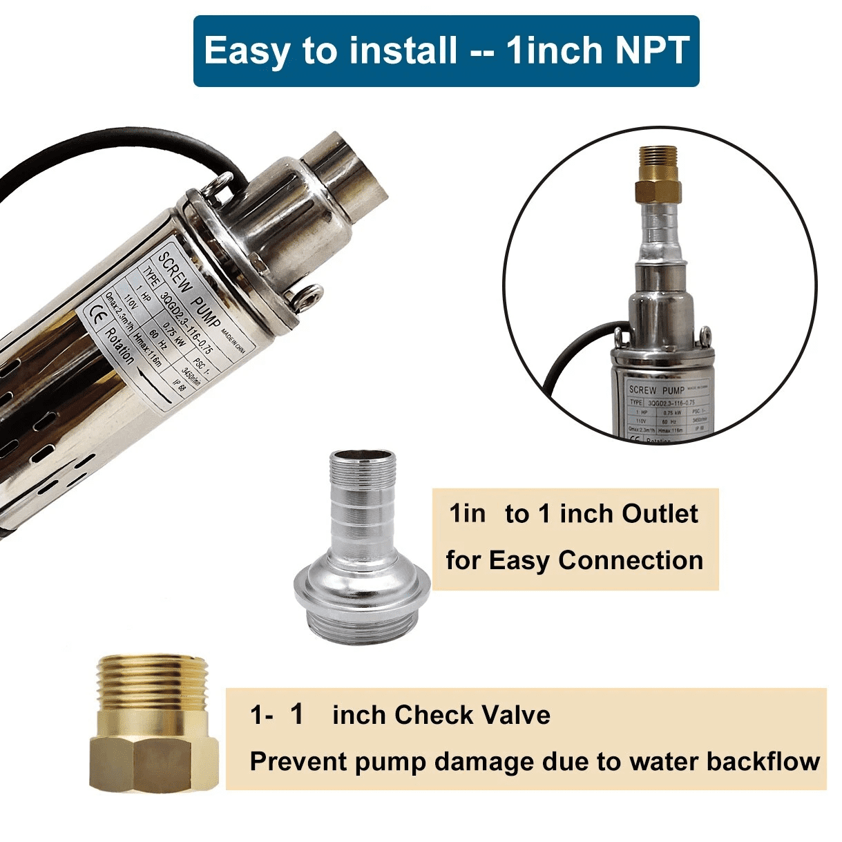 iMeshbean 1HP 3"OD Deep Well Submersible Pump Screw Water Pump 220V-240V 380FT Hmax 10GPM 33ft Cord
