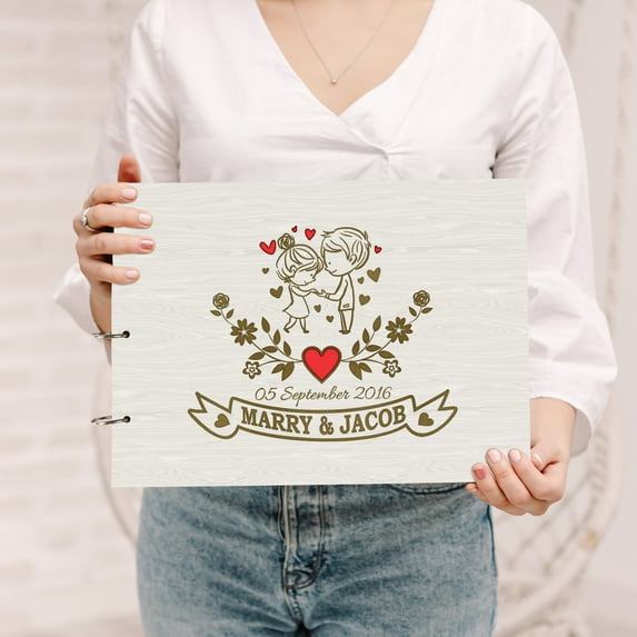 Darling Souvenir Personalized Engraved Laser Cut Wedding Guest Book Wooden Cover Sign-in Book Registry Guestbook Scrapbook-D3