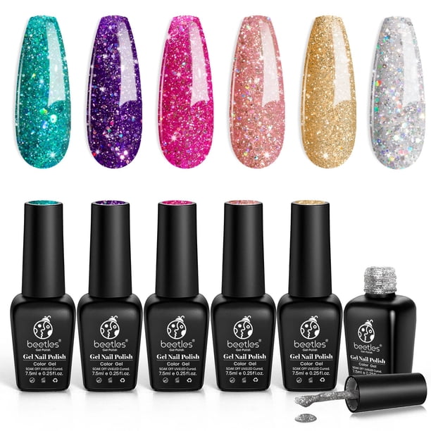 Esmalte de uñas con purpurina con forma de escarabajo, 6 unidades, rosa, plata y platino