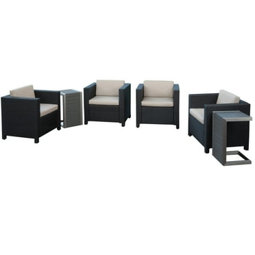 Cascada Outdoor 4 Piece Wicker Club Chairs with Cushions and 2 Natural Finish Polymer Blended Wood C-Shaped Tables, Dark Brown, Beige