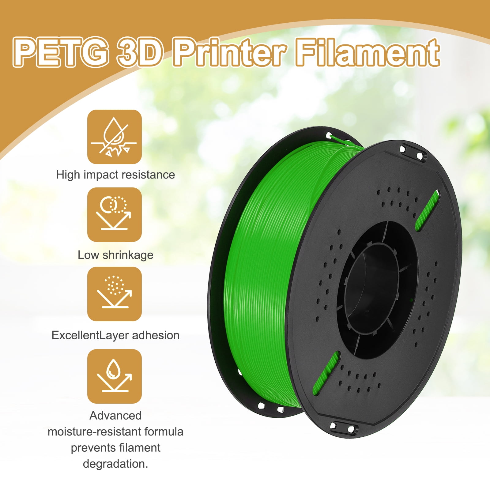 PETG 3D Printer Filament, 1.75mm 1KG High Precision Moistureproof Toughness Glossy Filament Green