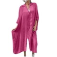 thumbnail image 1 of cfhntfmh Robes en Coton et Lin pour Femmes, Coupe Ample, Col en V, Col à Revers, Robe à Manches Longues, Décontractée, Automne, Fluide, Fendue, Grande Taille, 1 of 1