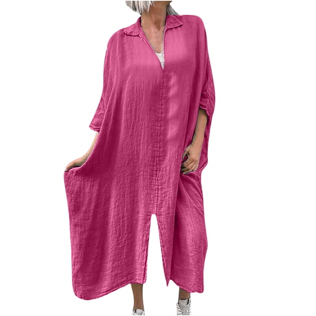 cfhntfmh Robes en Coton et Lin pour Femmes, Coupe Ample, Col en V, Col à Revers, Robe à Manches Longues, Décontractée, Automne, Fluide, Fendue, Grande Taille