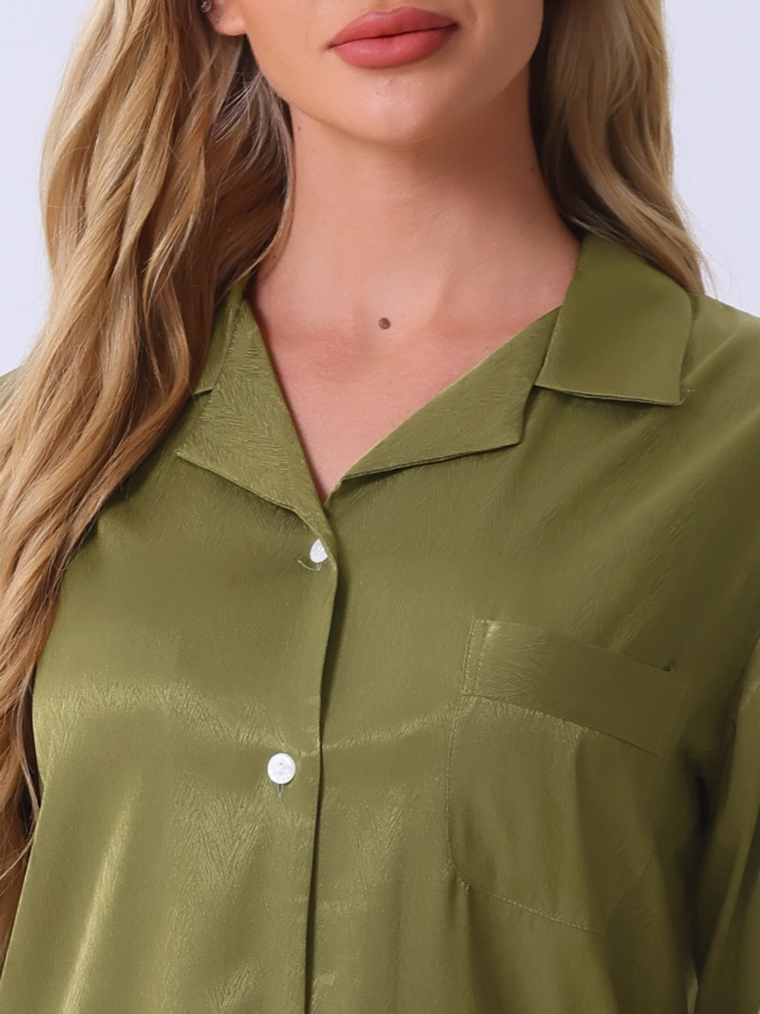 DARING DIVA Women's Satin Button Down Shirt with Pants Pajamas Sets XS Green