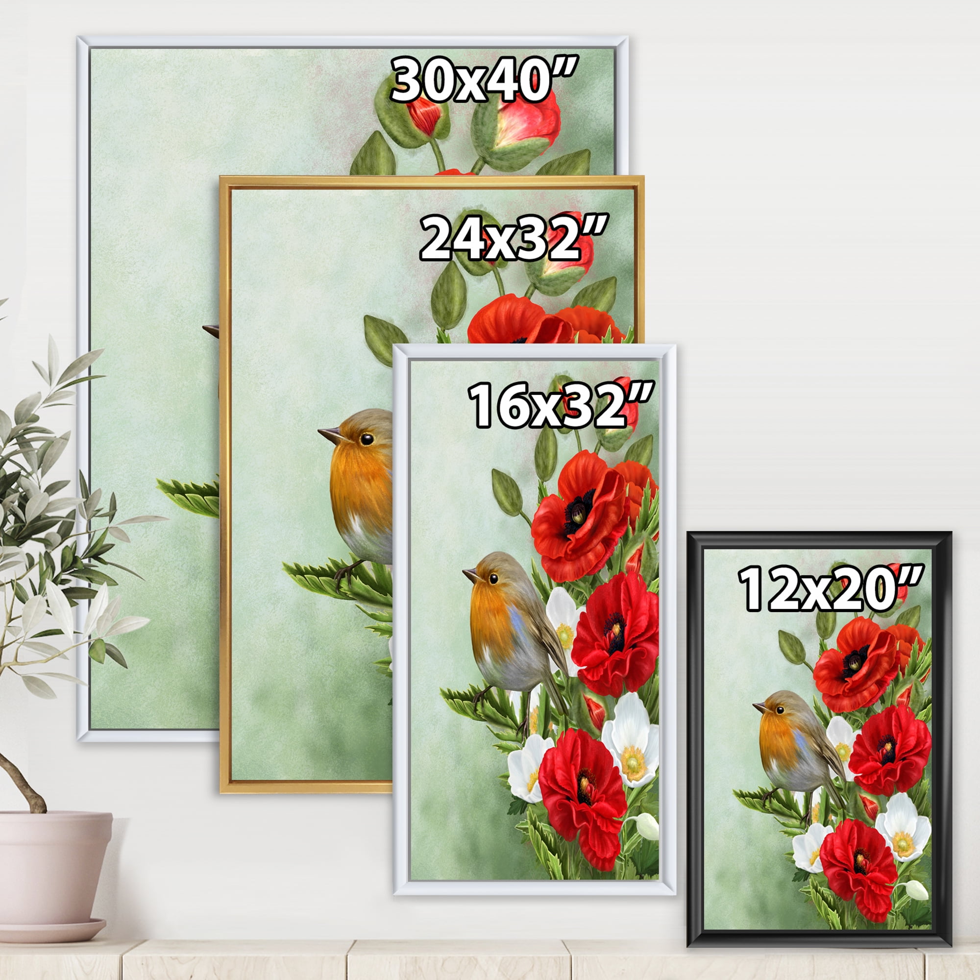 Designart 'Red Poppies and White Anemones With Yellow Bird' Traditional Framed Canvas Wall Art Print