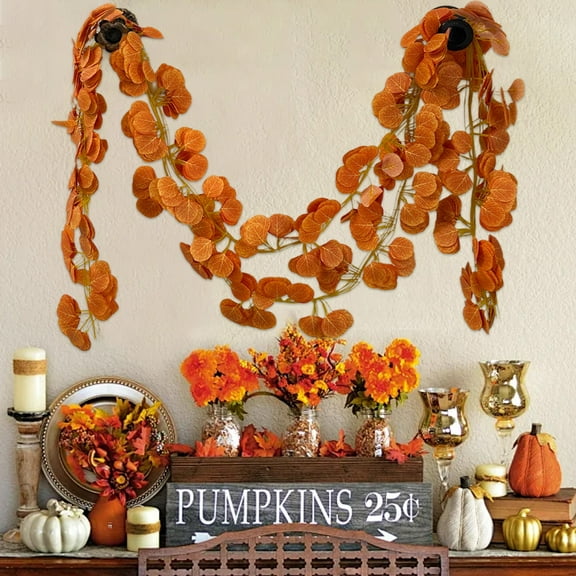 AUHomi 1Pc Artificial Eucalyptus Leaves Fall Garland, Hanging Faux Eucalyptu Greenery 6.56Ft Silk Orange Leaf Vines Backdrop Indoor Outdoor Home Office Thanksgiving Party Garden Autumn Decor