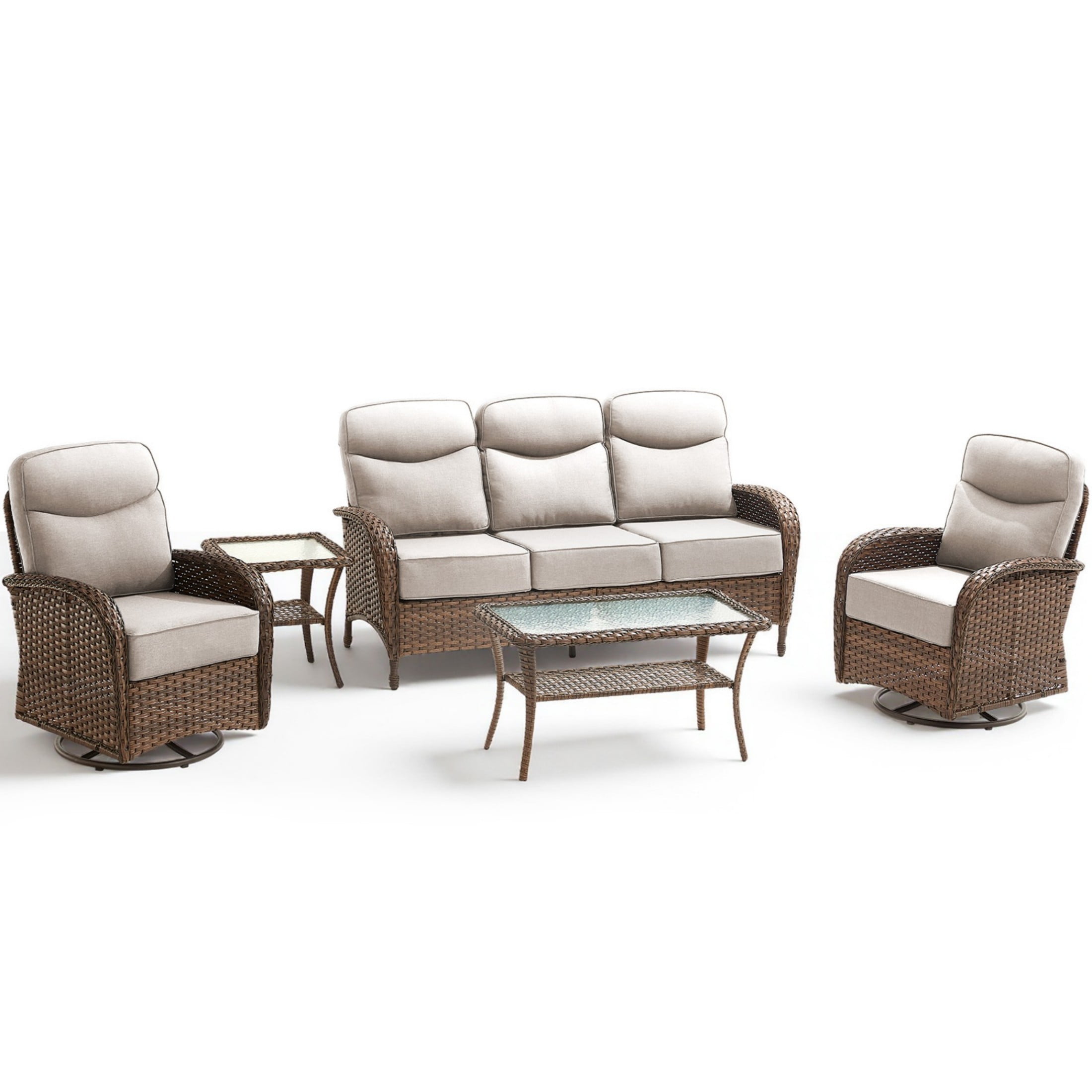 Unnifurnzi 5 Pieces Patio Furniture Set-6'' Thick Cushions Outdoor Furniture with Swivel Rocker Chairs Outdoor Couch and Ottomans Wicker Patio Furniture for Deck Porch Garden Poolside-Brown/Beige