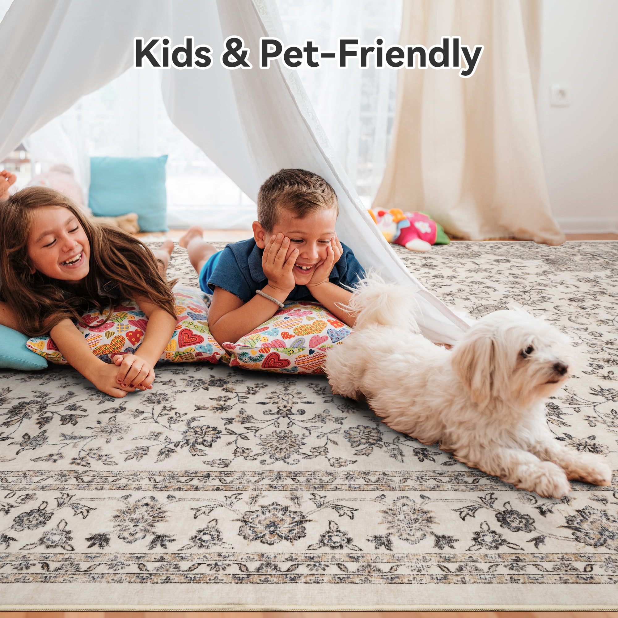 SIXHOME 9x12 Feet Washable Non-Slip Area Rug - Traditional Distressed Vintage Brown Rug with Retro Floral Design, Ultra-Soft Indoor Large Carpet for Living Room, Bedroom, Dining Room
