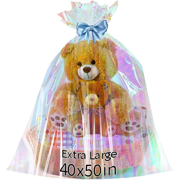 YANTONG Extra Large Cellophane Gift Bags 40x50 Inch 3Pcs Iridescent Cellophane Wrap for Gift Baskets Bag Storage Bags Mothers Day Graduation Gifts 3 Mil Thick