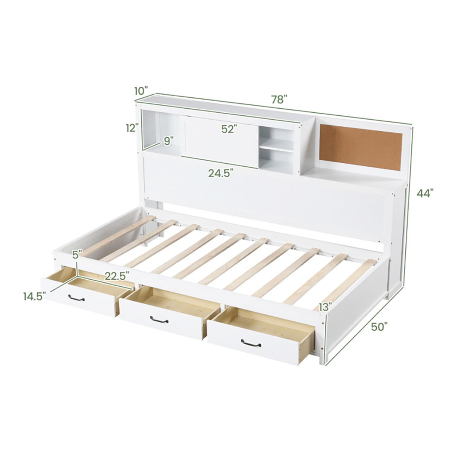 Demi Bonn Full Size Wooden Daybed with 3 Drawers with Storage Shelves, Modern Wooden Bed Frame for Teens, White