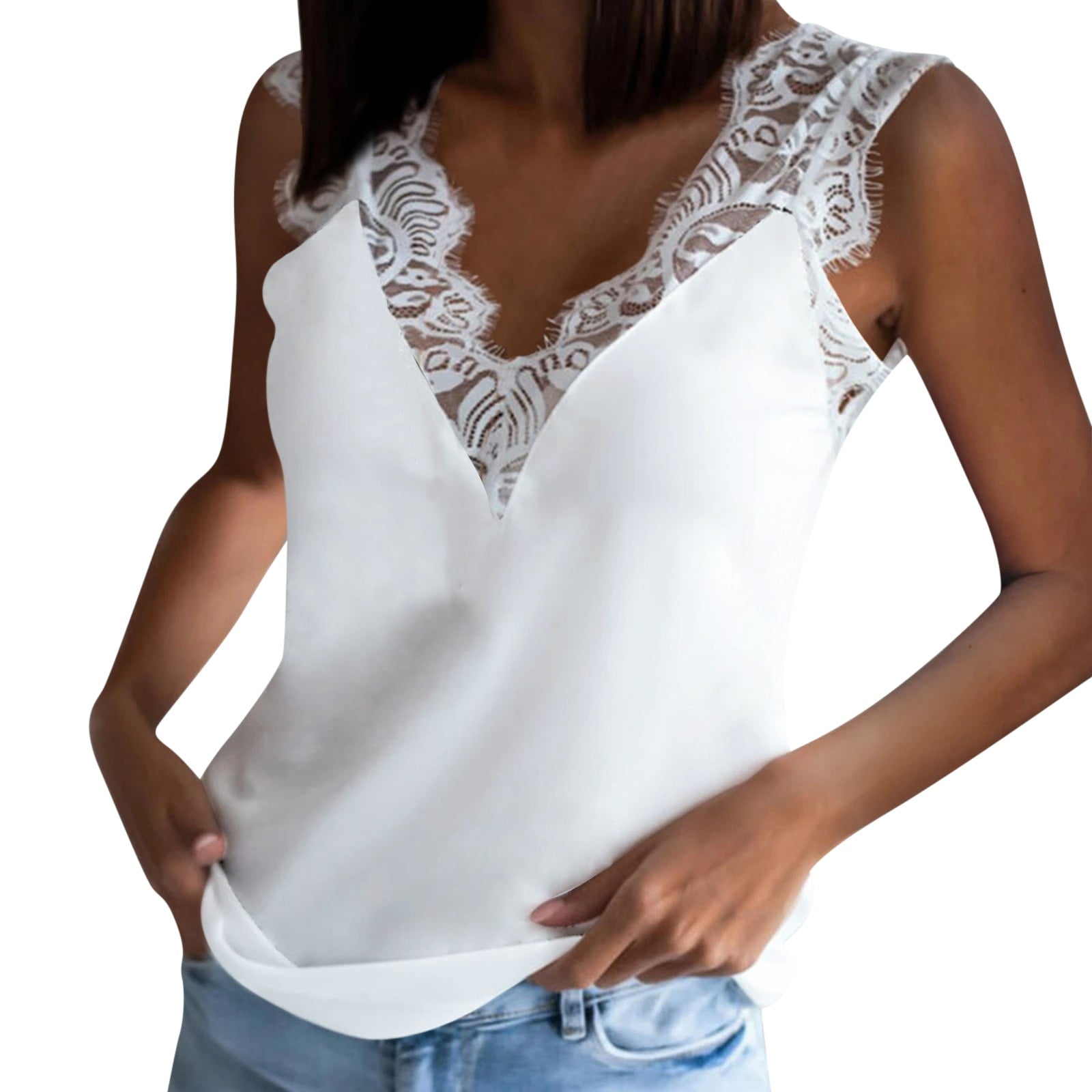 Women Lace Vest Sleeveless Loose Camisole Casual V-Neck Tank Tops Blouse T-Shirt