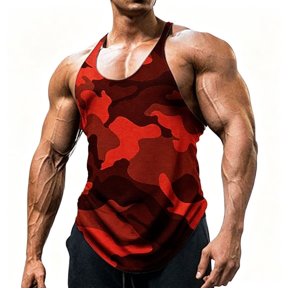 Men's Workout Tank Tops Camo Sleeveless Gym Muscle Workout Shirts Red XL