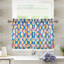 Yayeee Kitchen Curtains Light Filtering 27"x36" Rod Pocket Short Cafe Window Panel, Blue Checkered Daisy