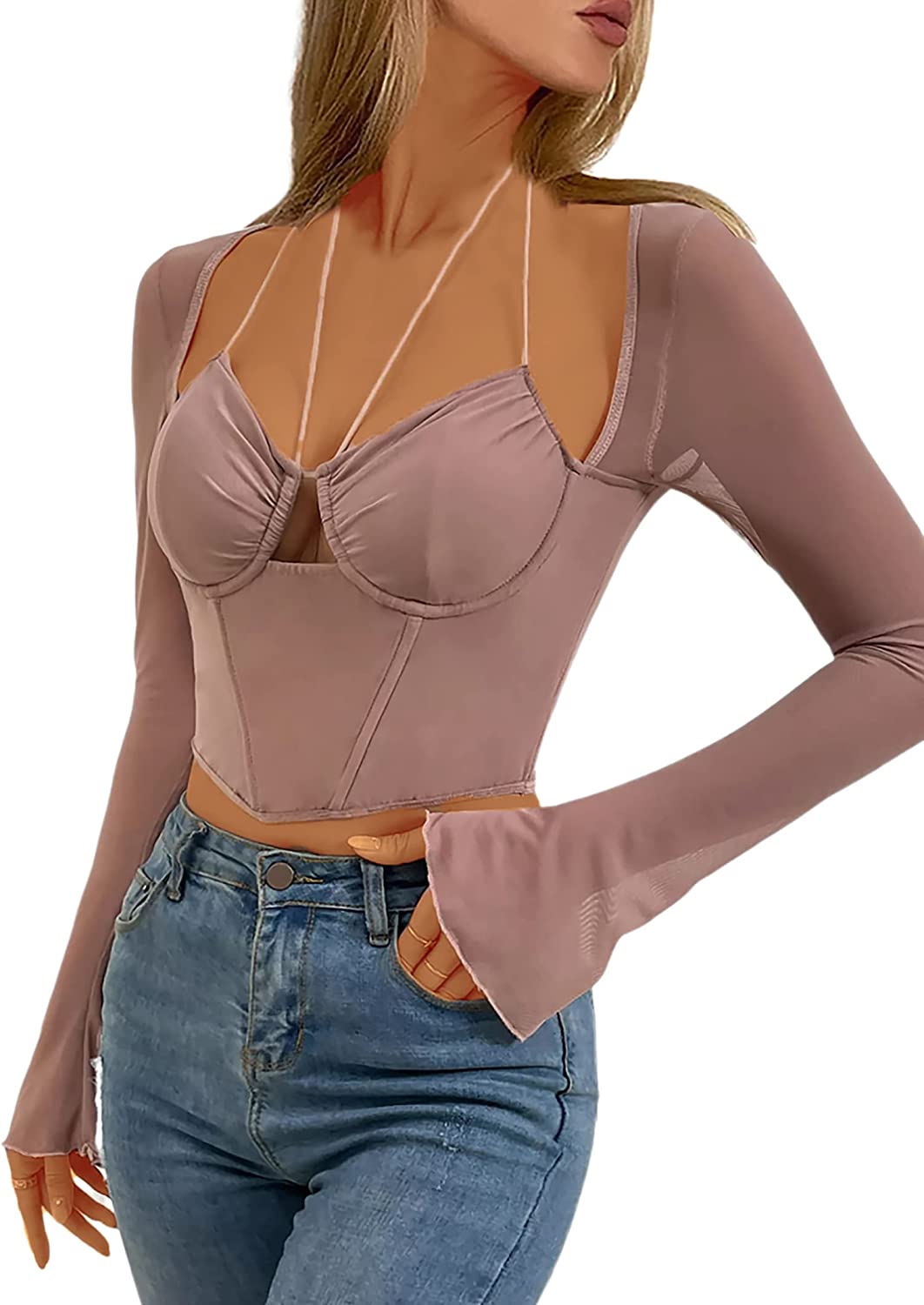 DanceeMangoos Womens Long Sleeve Corset Top Sexy Mesh Sheer Crop Tops Going Out Party Clubwear - image 2 of 7