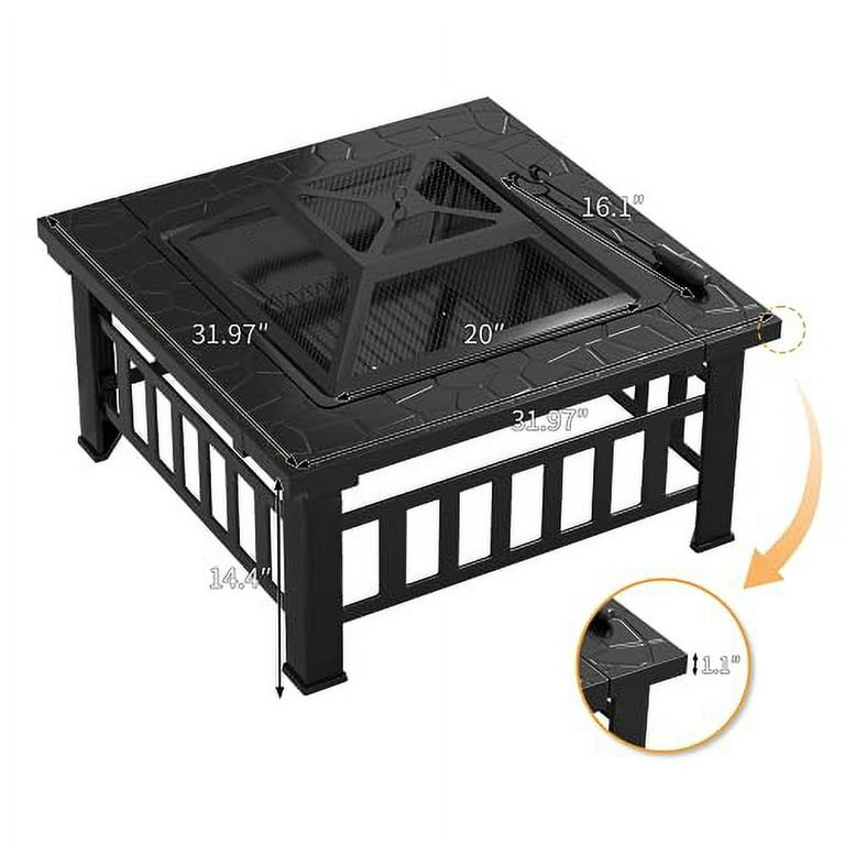 Flamaker Outdoor Fire Pit 32 Inch Patio Square Metal Firepit with Cover  Poker & Grate Wood Burning Fireplace Backyard Stove for Outside Heating