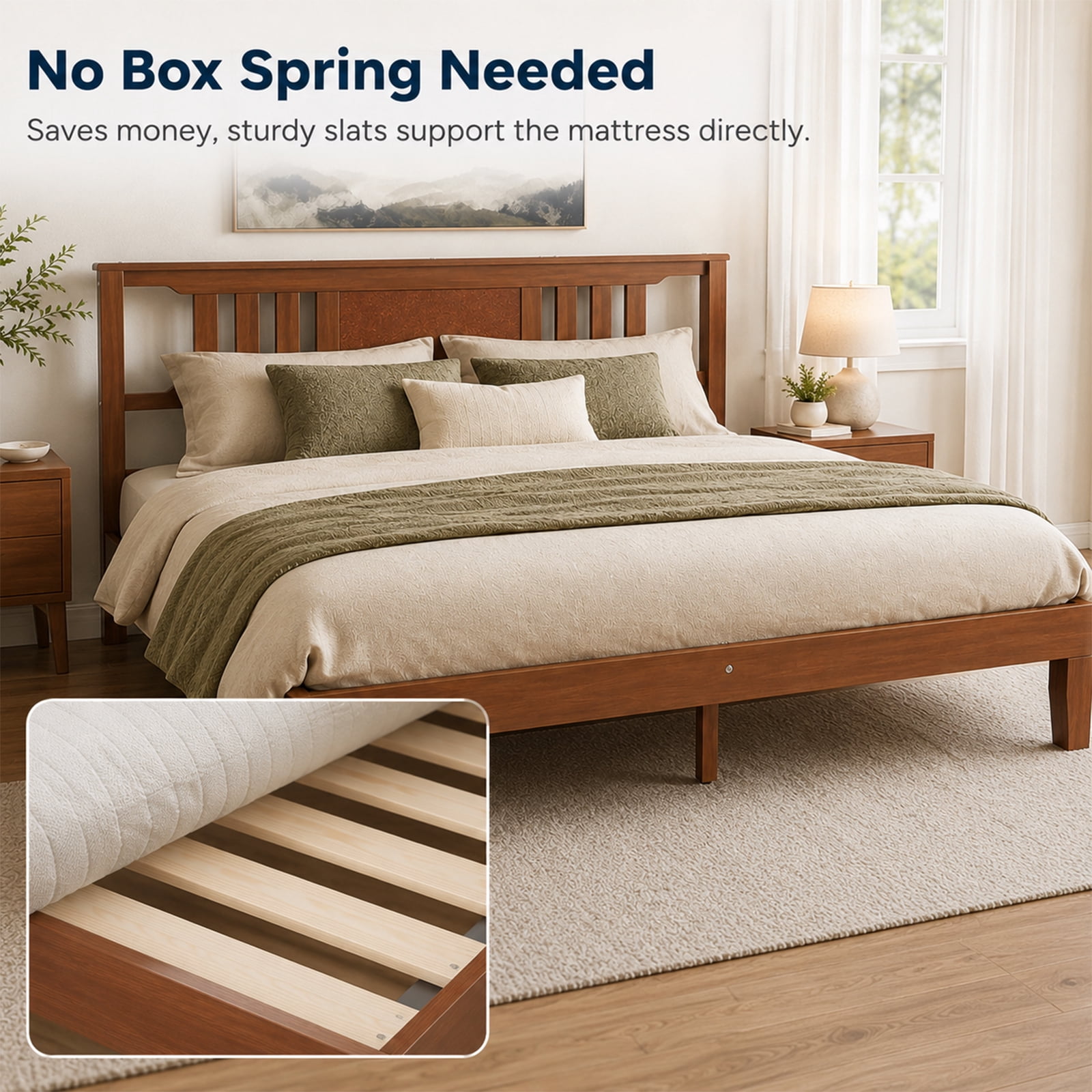 Alvantor Solid Pine Wood Platform Bed Frame with Ergonomic Headboard, 800 lbs Capacity