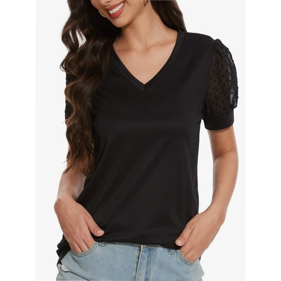 Womens Summer Tops V Neck T Shirts Swiss Dot Puff Sleeve Tops Loose Casual Tshirts